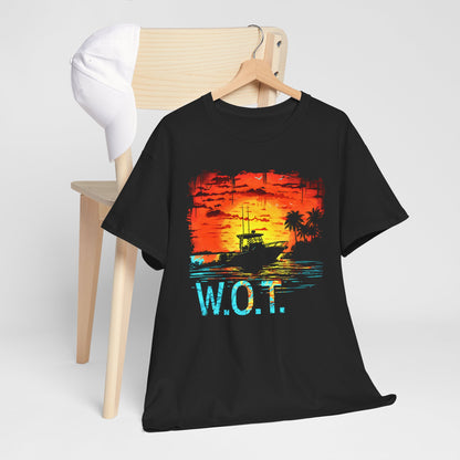 W.O.T. Palm Sunset Boating T-Shirt – Wide Open Throttle with Tropical Vibes