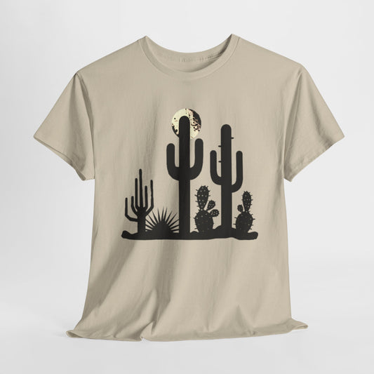 "Night Cacti Silhouette T-Shirt - Moonlit Desert Graphic Tee, Casual Nature Wear"