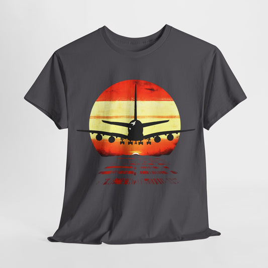 "Airbus A-380 Landing Sunset T-Shirt - Aviation Graphic Tee, Sunset Plane Landing Design"