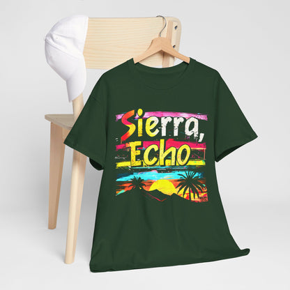 "Sierra, Echo Beach Sunset" T-Shirt – Relaxed Vibe with a Tactical Twist