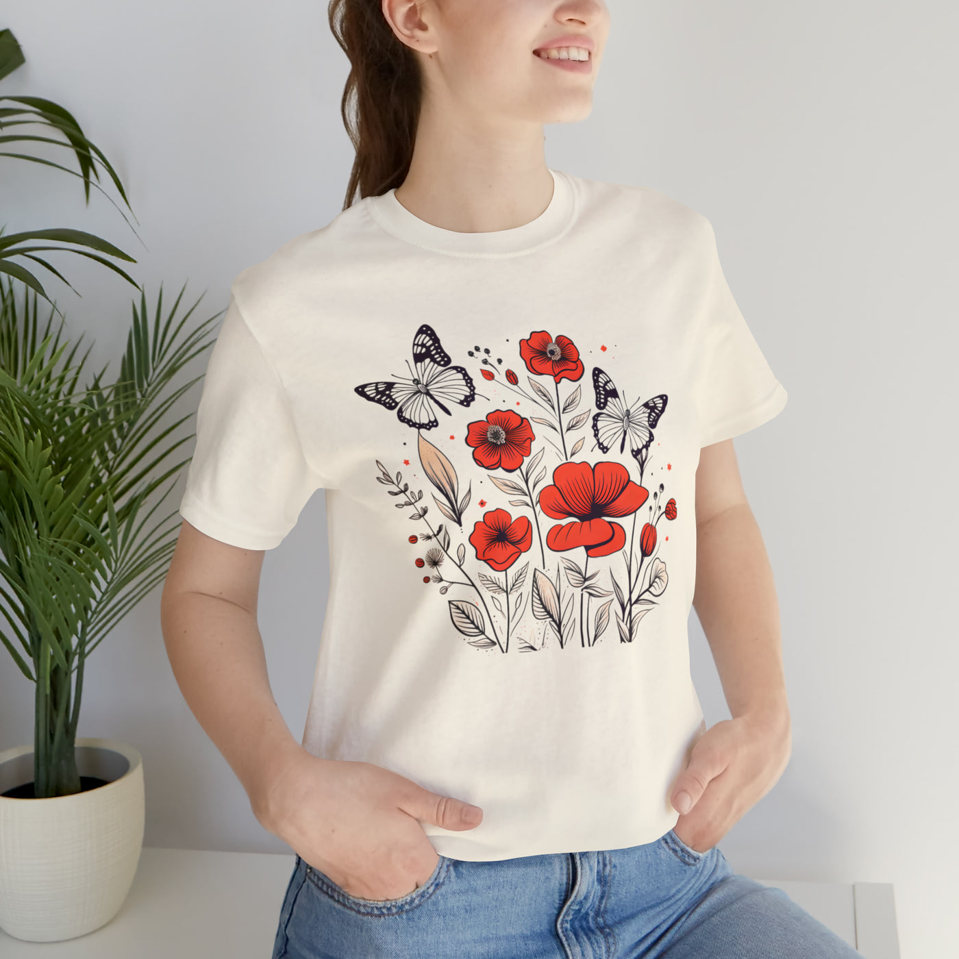 Minimalist graphics collection: Line art Poppy Flowers and Butterflies