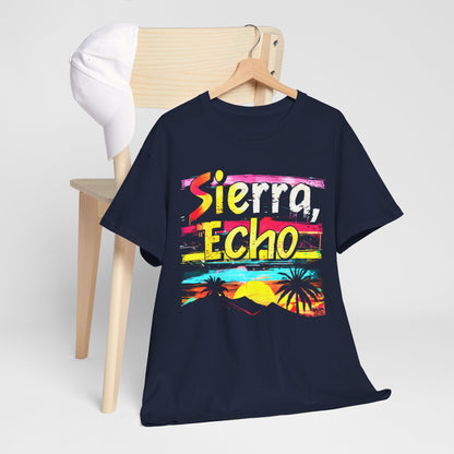 "Sierra, Echo Beach Sunset" T-Shirt – Relaxed Vibe with a Tactical Twist