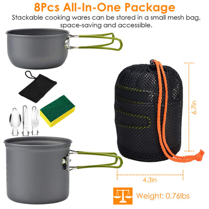 8Pcs Camping Cookingware Set Aluminum Pot Foldable Knife Fork Spoon For Hiking Picnic Outdoor