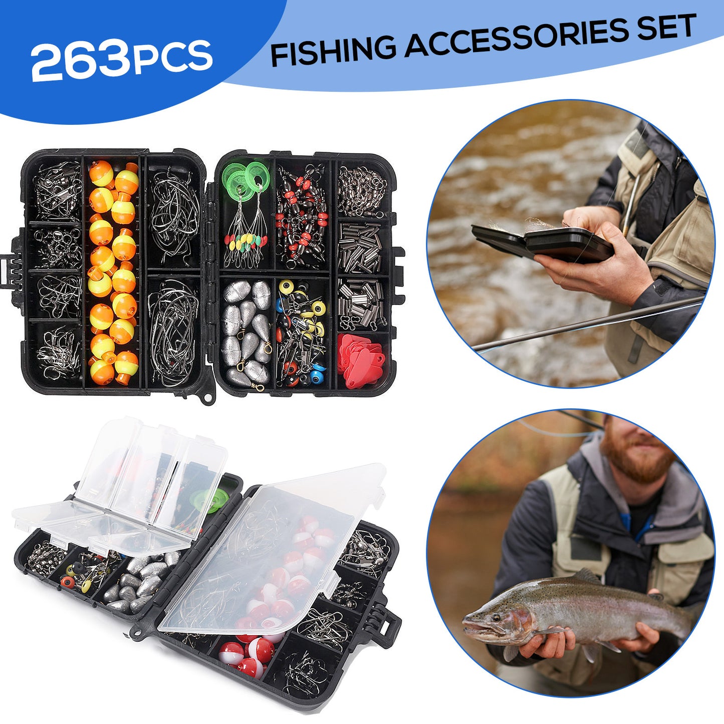 Support pan European shipping--263pcs Outdoor Fishing Accessories Set With Tackle Box Including Plier Jig Hooks Sinker Weight Swivels Snaps Sinker Slides Kit