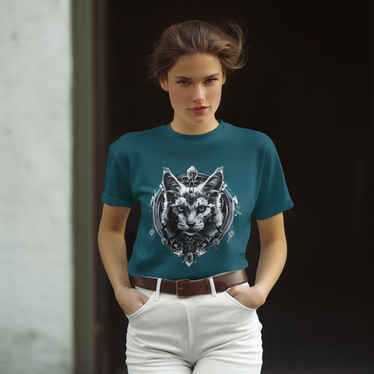 Fantasy Silver Cat Medallion T-shirt desing