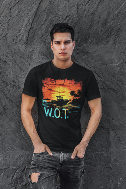 W.O.T. Palm Sunset Boating T-Shirt – Wide Open Throttle with Tropical Vibes