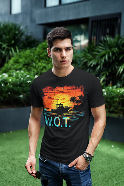 W.O.T. Palm Sunset Boating T-Shirt – Wide Open Throttle with Tropical Vibes