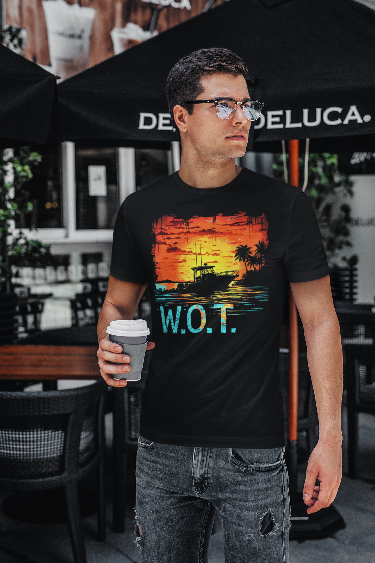 W.O.T. Palm Sunset Boating T-Shirt – Wide Open Throttle with Tropical Vibes