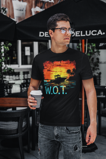 W.O.T. Palm Sunset Boating T-Shirt – Wide Open Throttle with Tropical Vibes