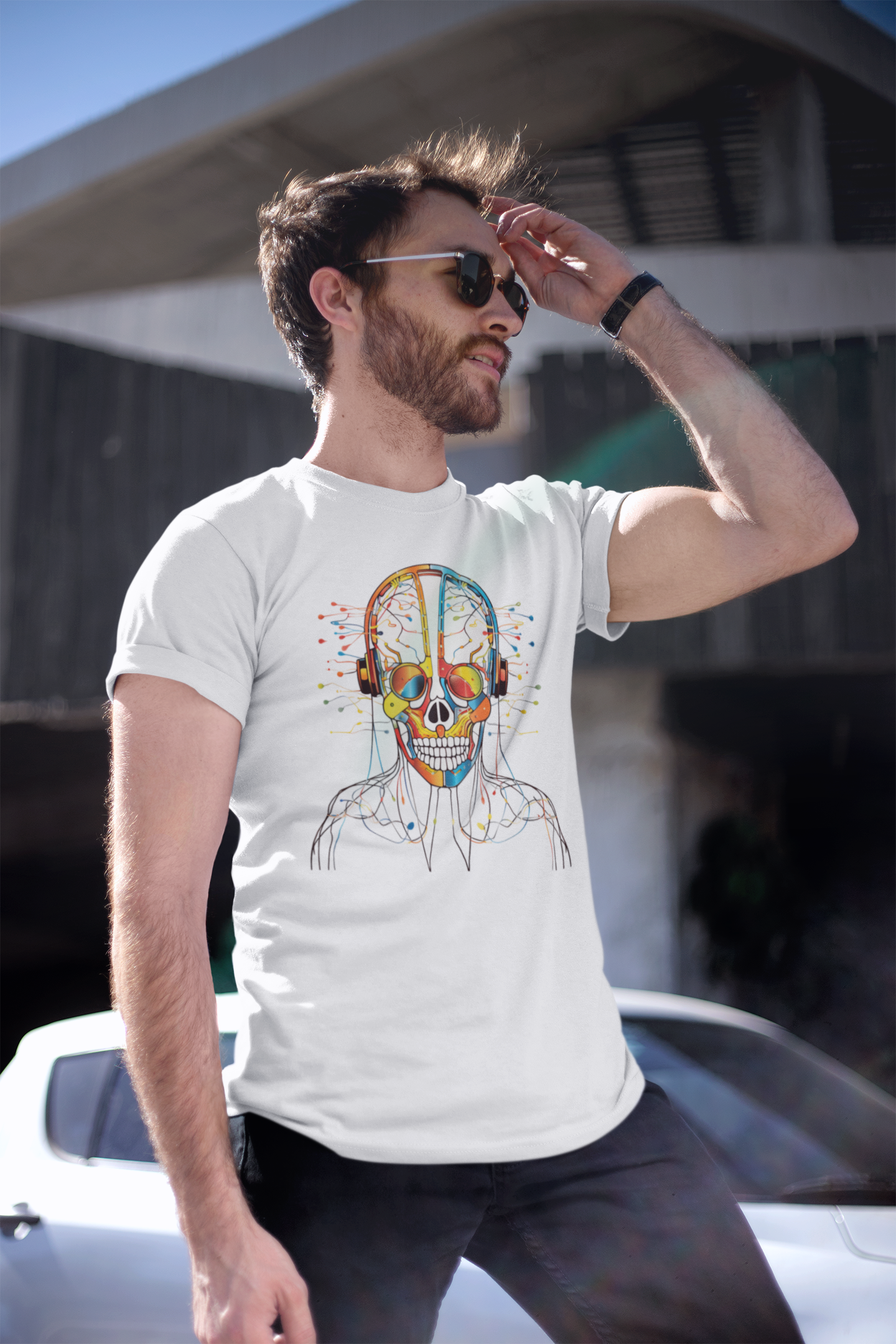 Graphical skeletons collection: Colorful Skull with Headphones Design