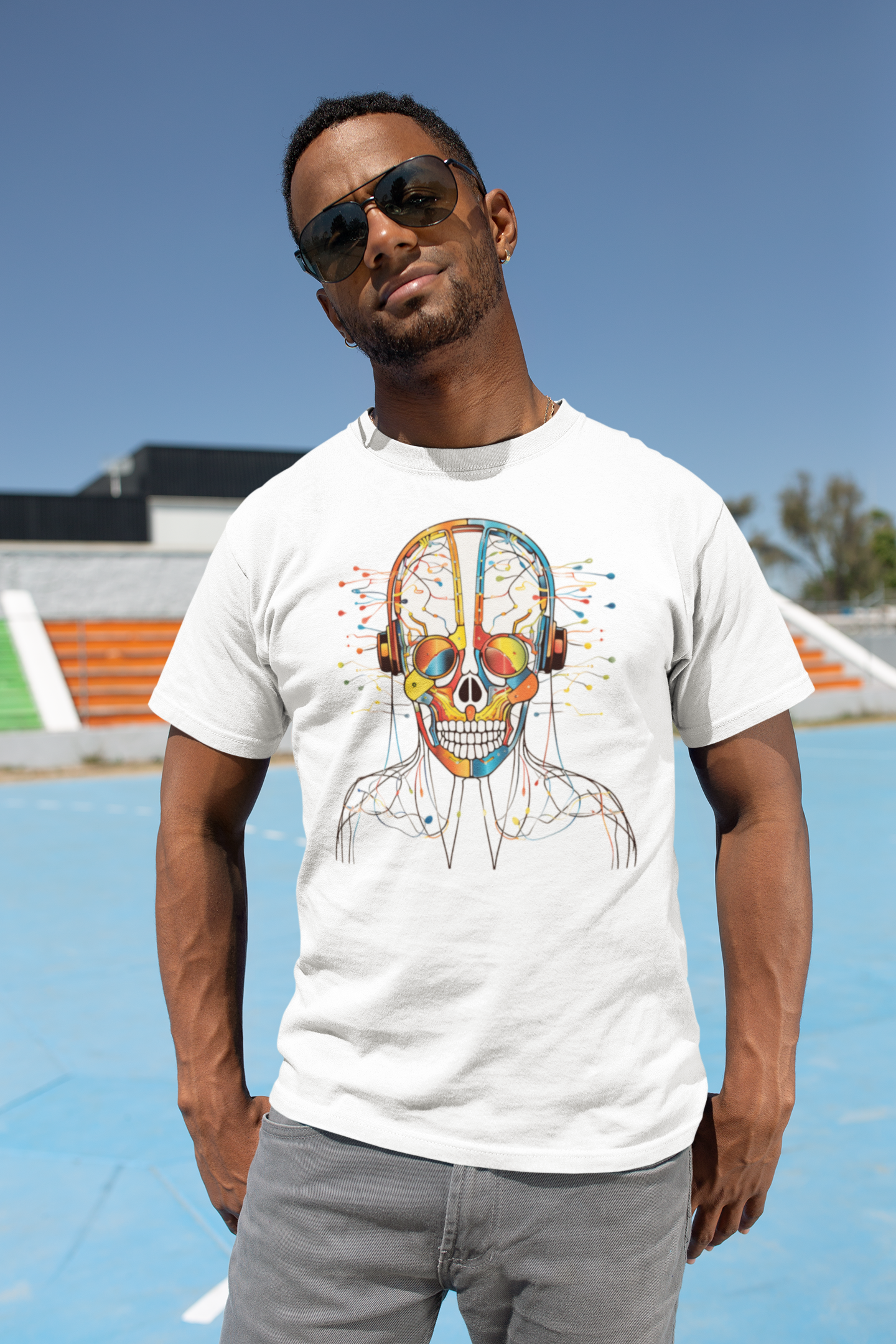 Graphical skeletons collection: Colorful Skull with Headphones Design