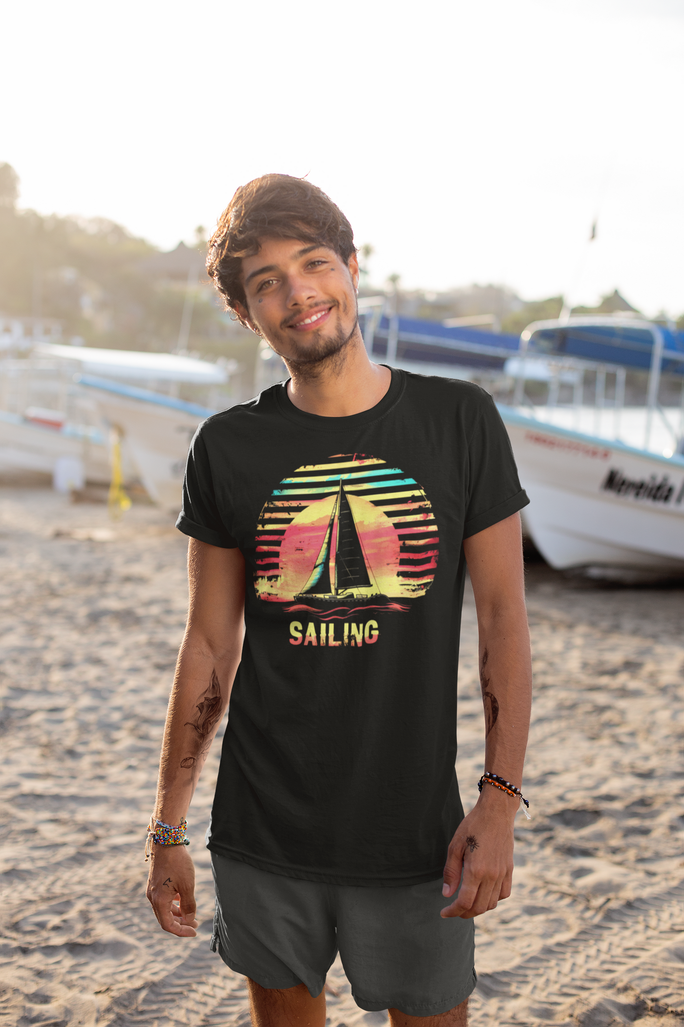 "Sailing Sunset Nautical T-Shirt - Elegant Twilight Sail Design"