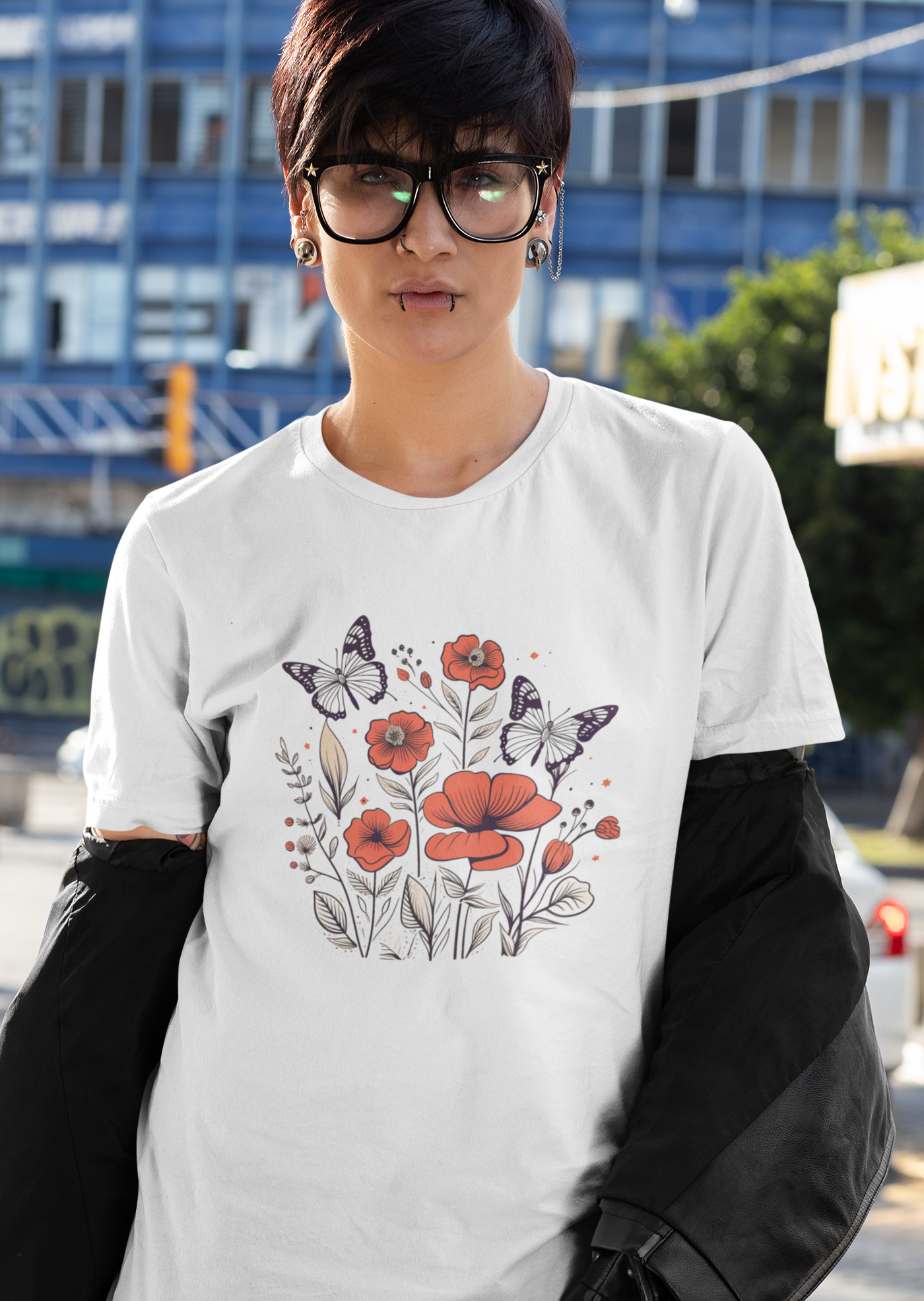 Minimalist graphics collection: Line art Poppy Flowers and Butterflies